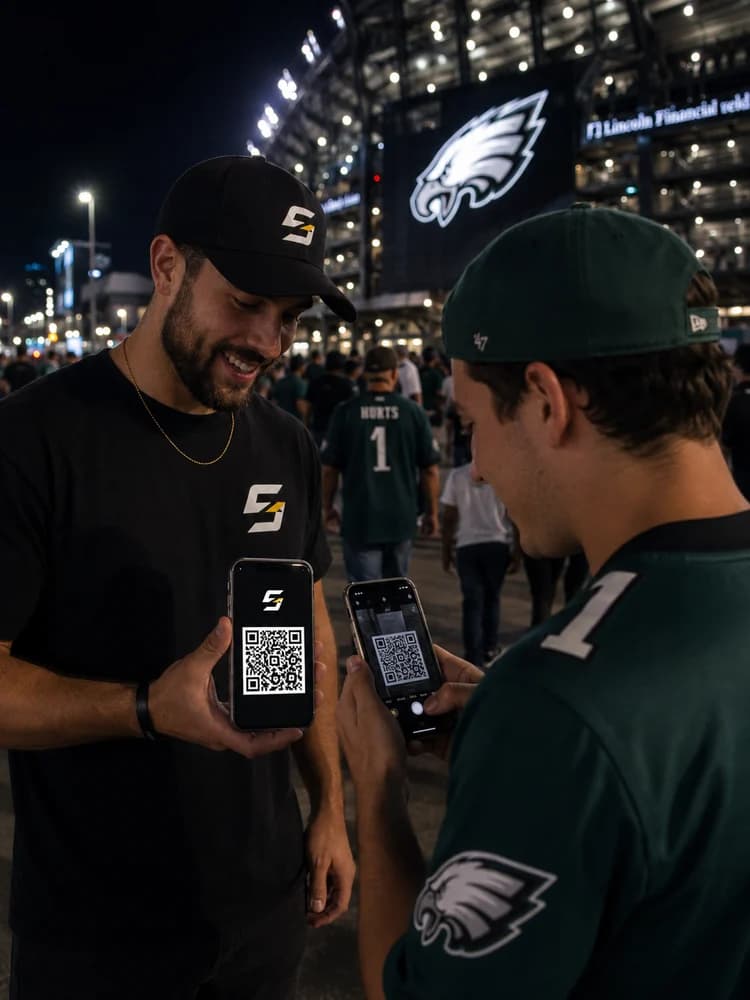 A Sharpr affiliate showing his QR code to a fan who scans it with his phone outside a stadium